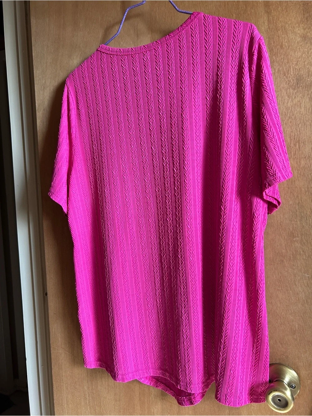 Textured Scoop Neck Short Sleeve Top in Hot Pink with Side Button Accents